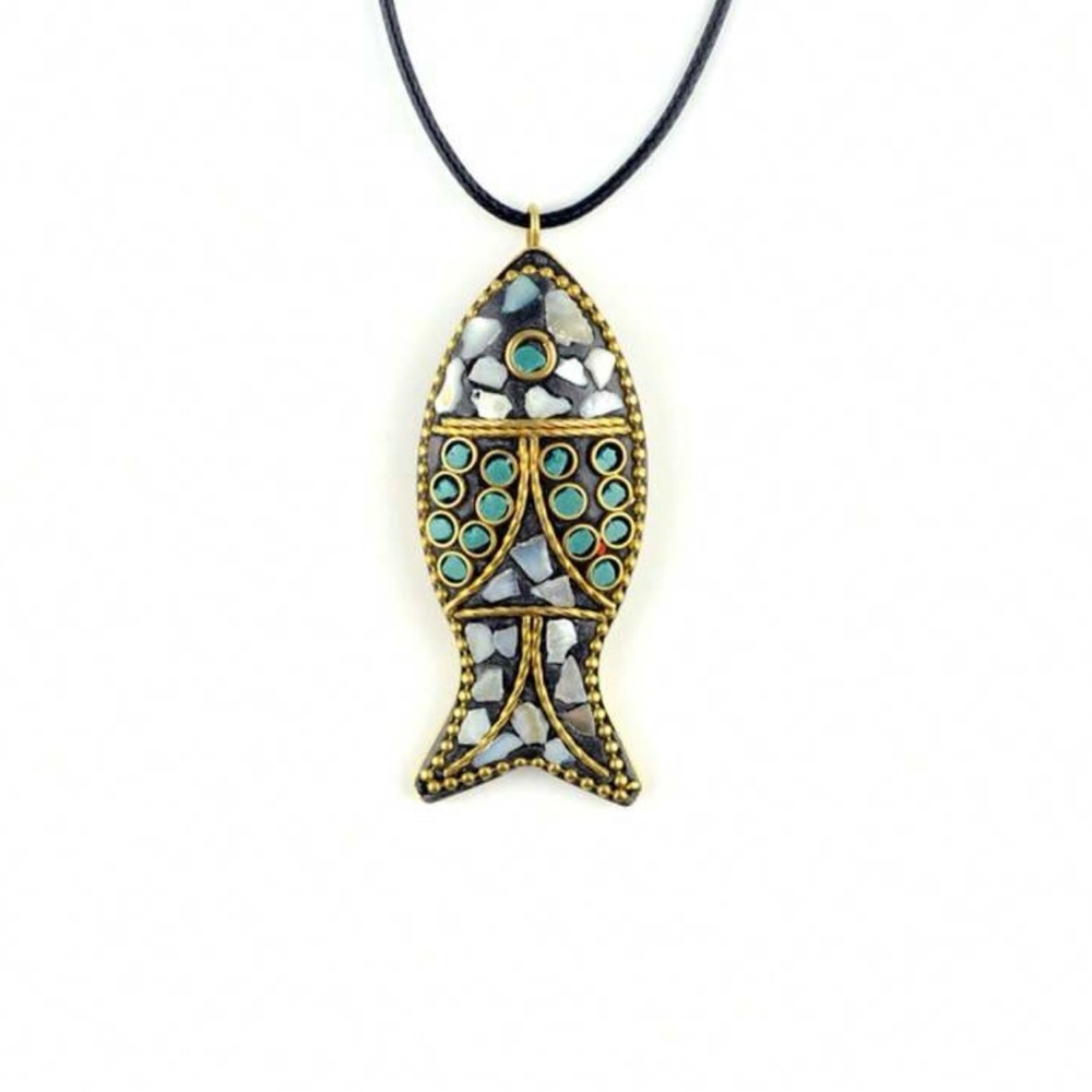 Nepalese Artisan Fish Pendant Necklace in Turquoise and Gold. ** Unisex